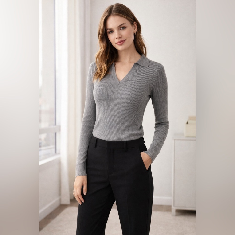 Calvin Klein Gray Ribbed V-Neck Knit Sweater | Classic Workwear Top